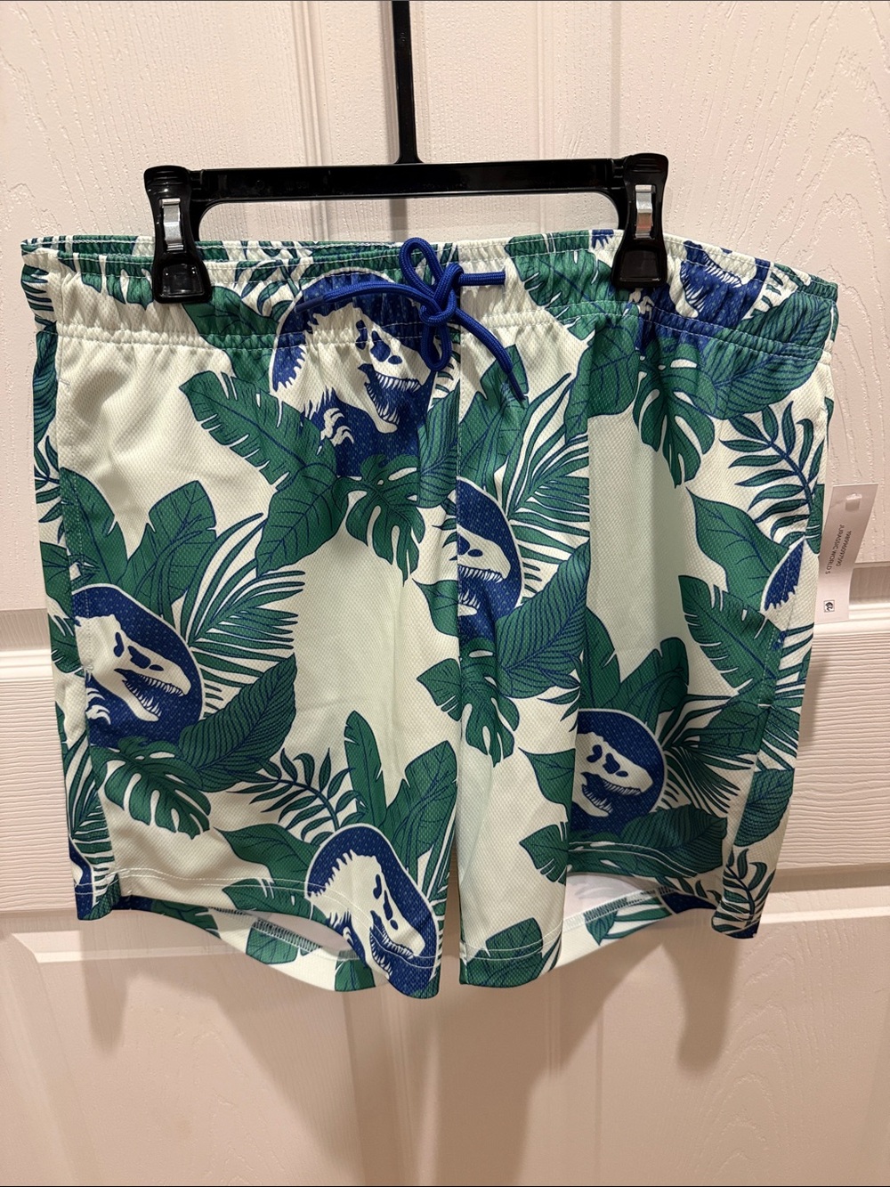 Tropical Leaf & Jurassic World Print Swim Shorts in Green & Blue